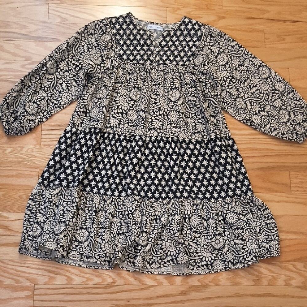 Zara, Black & Cream Bohemian Tiered Dress, Size 13/14 EUC